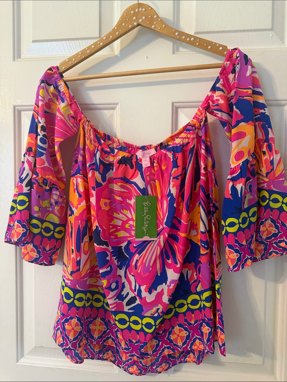 Lilly Pulitzer Bright Floral Off-Shoulder Top in Pink, Blue & Yellow